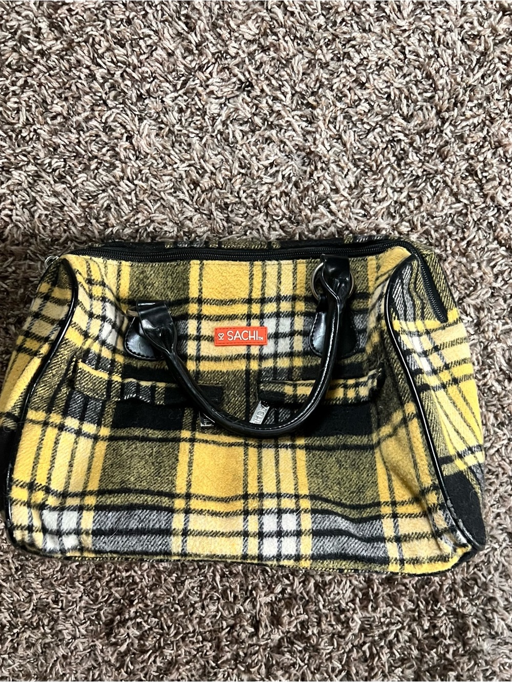 SACHI Yellow and Black Plaid Satchel with Black Trim